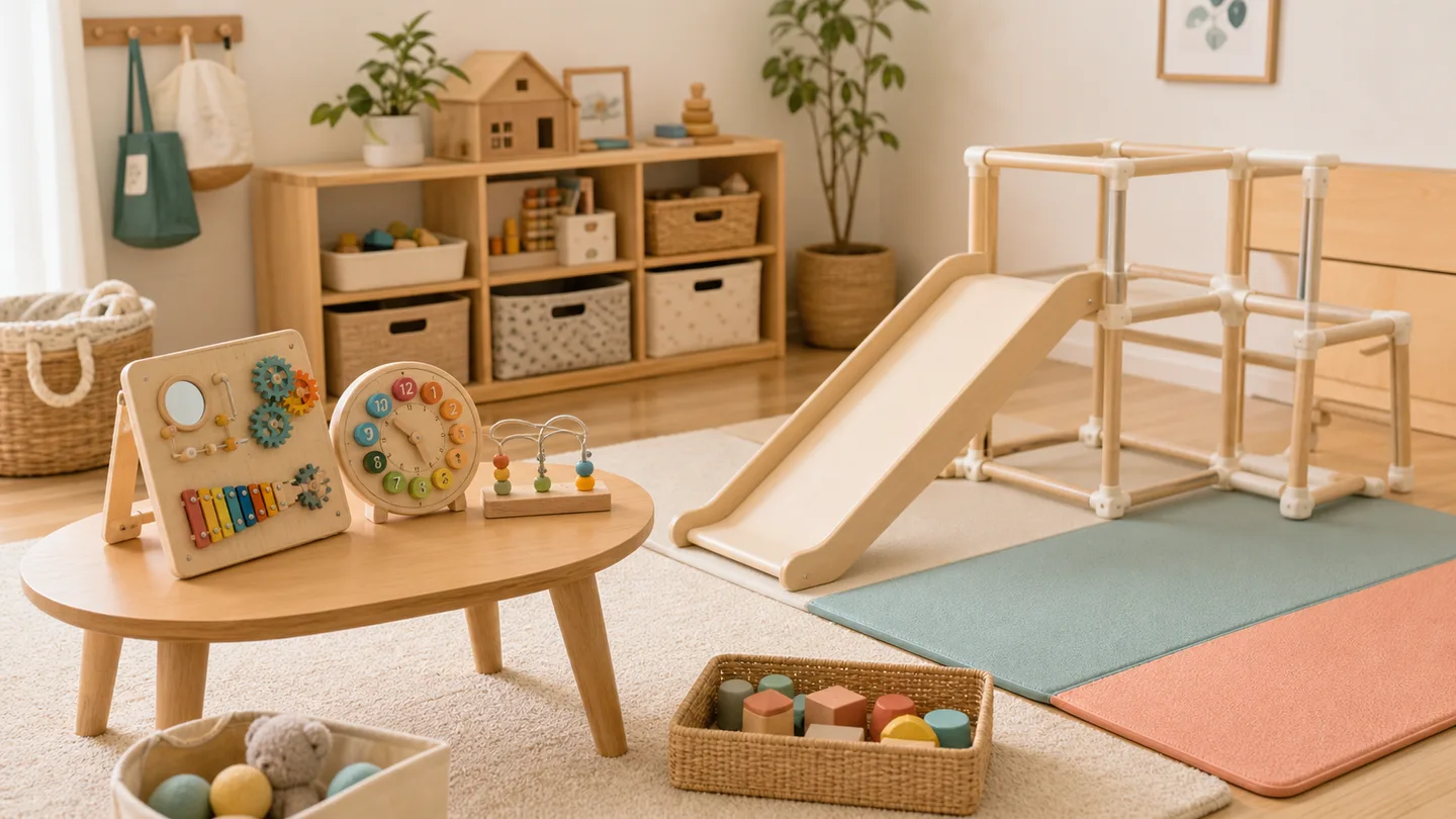 2歳誕生日の室内遊具・静音おもちゃ・収納を並べたイメージ